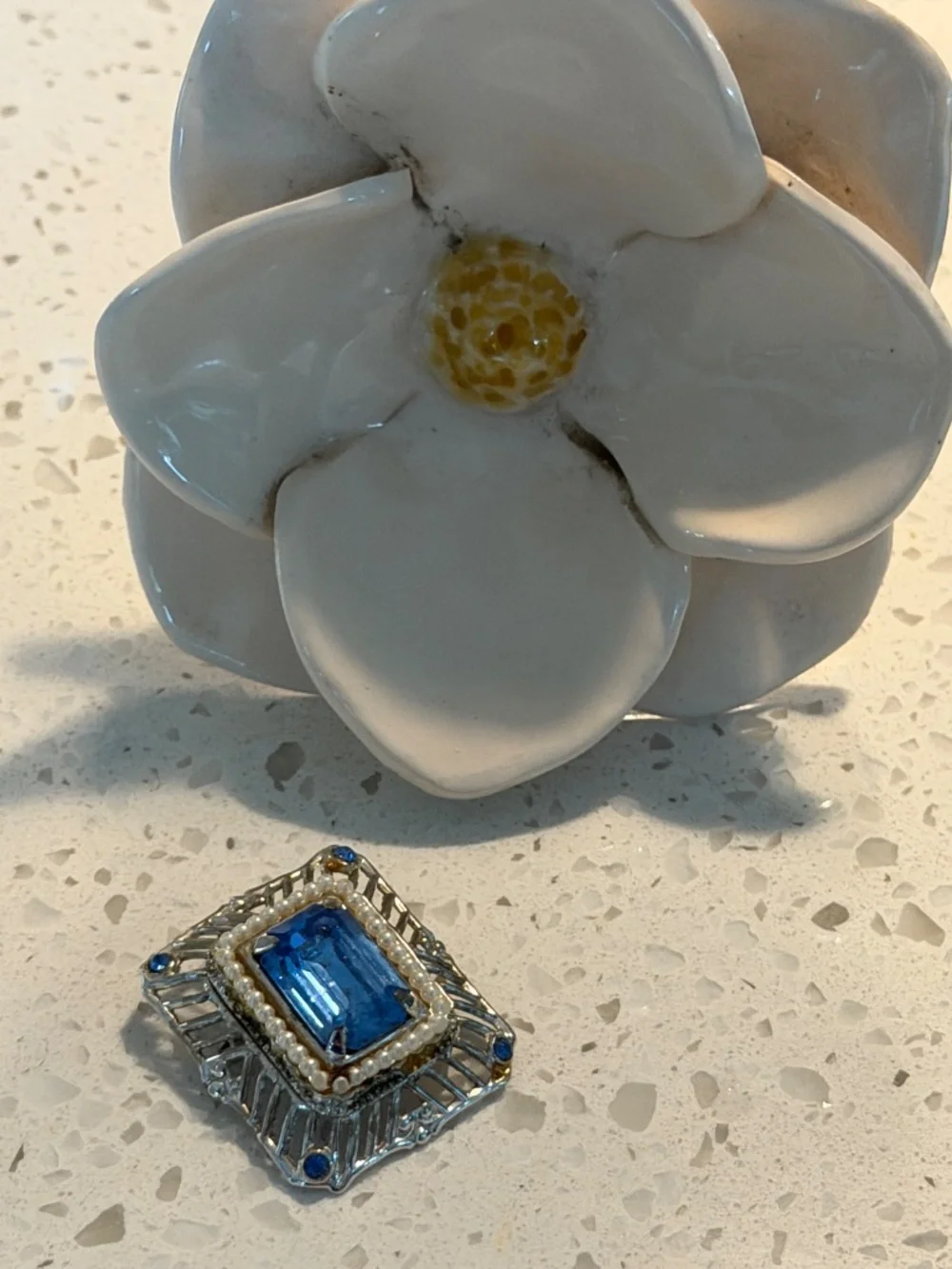 Vintage Gold Tone, Pearl  And Blue Glass Brooch